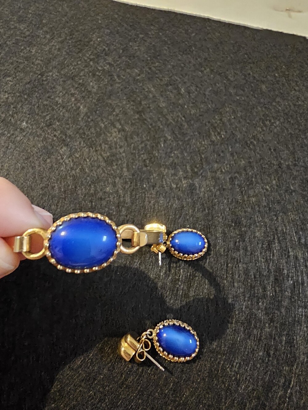 Gold-Tone Blue Cabochon Bracelet Bangel and Earring Set Avon Set - Picture 3 of 3